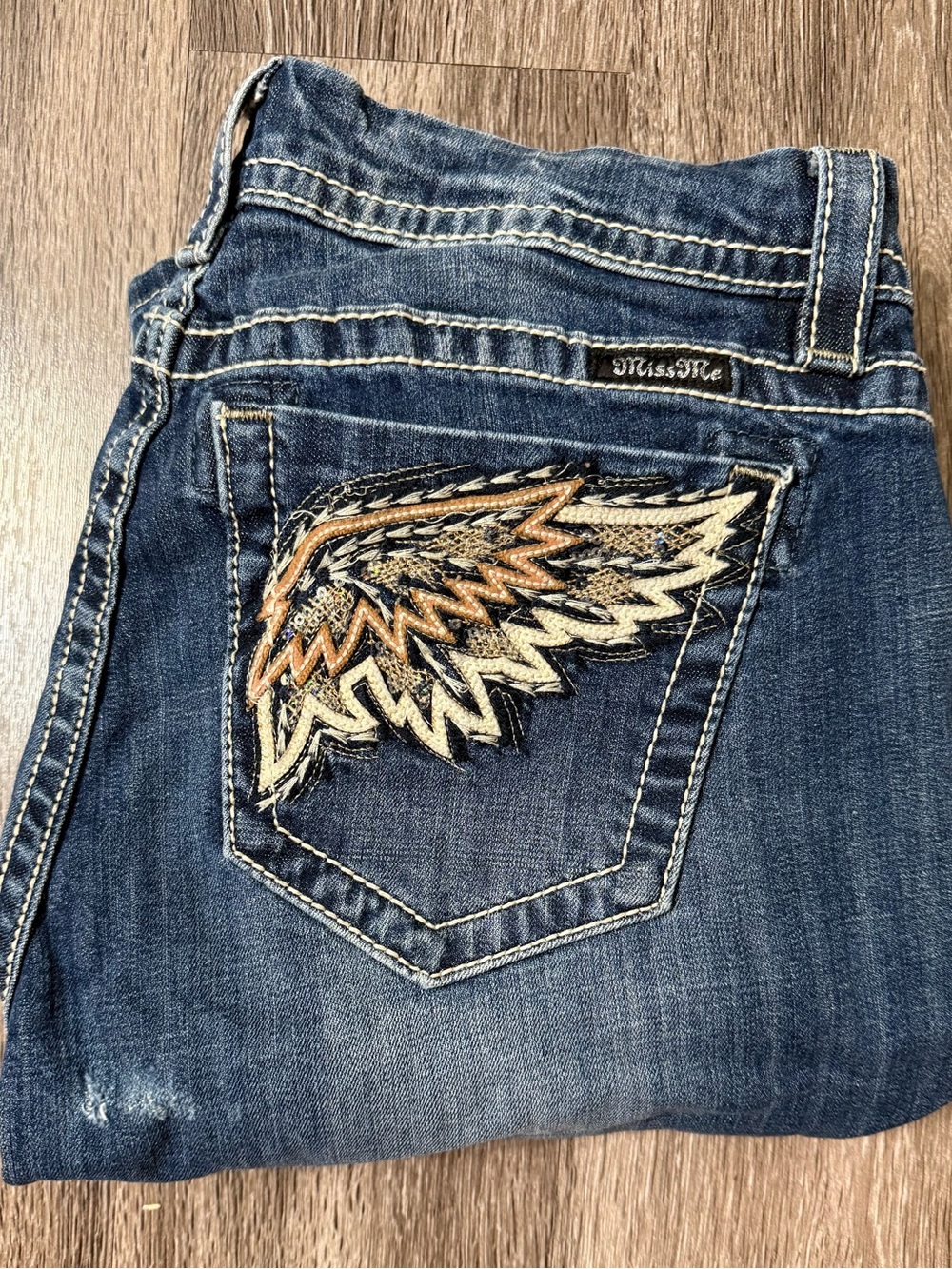 Miss Me Dark Blue Denim Bermudas with Wing Pocket Embroidery